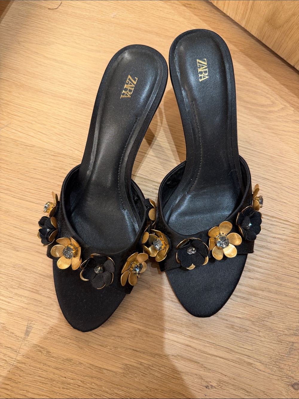 ZARA Black Slip-On Mules with Gold Floral Embellishments